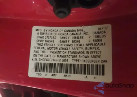 2017 Honda Civic Ex z USA, uszkodzony, nr VIN 2HGFC2F71HH515616